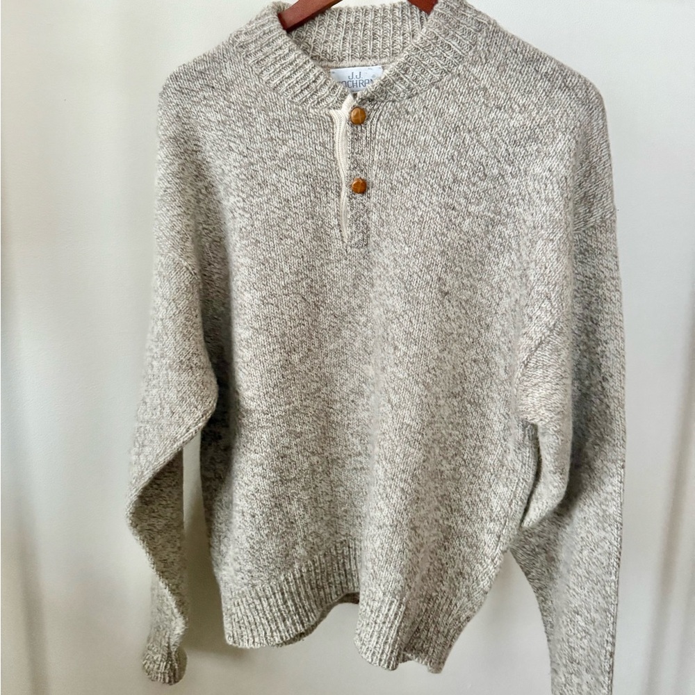 Vintage 80s J.J. Cochran Wool Henley Sweater Oatmeal Chunky Knit L - Picture 9 of 11
